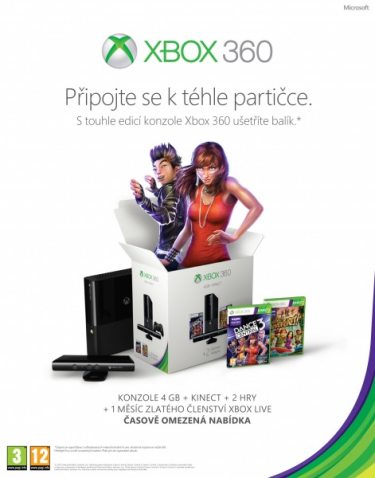 XBOX 360 Slim Stingray – herná konzola (4GB) + senzor Kinect + Kinect Adventures + Dance Central 3 + 1 mesiac Xbox Live GOLD (X360)